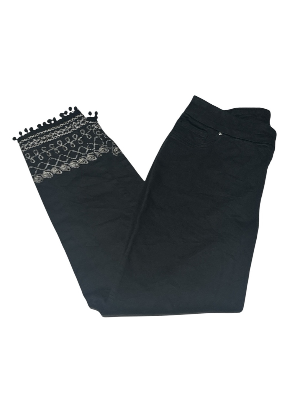 Chico's Black Straight-Leg Pants with White Embroidery And‎ Pom-Poms